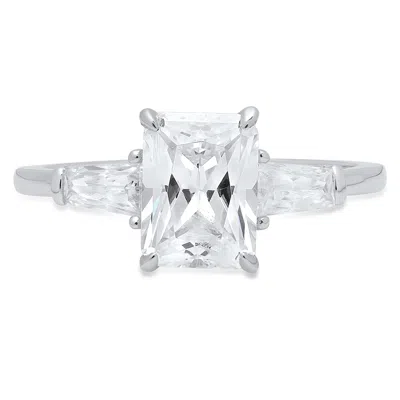 Pre-owned Pucci 2ct Simulated Diamond Emerald Engagement Solitaire 3 Stone Ring 14k White Gold In White/colorless