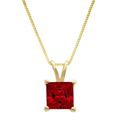 Pre-owned Pucci 2ct Princess Classic Real Red Garnet Pendant 16 Gift Box Chain 14k Yellow Gold