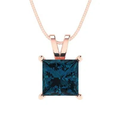 Pre-owned Pucci 2ct Princess Cut Royal Blue Topaz Pendant Necklace 16" Chain Real 14k Pink Gold