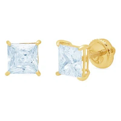 Pre-owned Pucci 2ct Princess Cut Solitaire Natural Aquamarine Stud Earrings Real 14k Yellow Gold In D