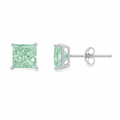 Pre-owned Pucci 2ct Princess Synthetic Blue Moissanite Stud Earrings 14k White Gold Push Back In D