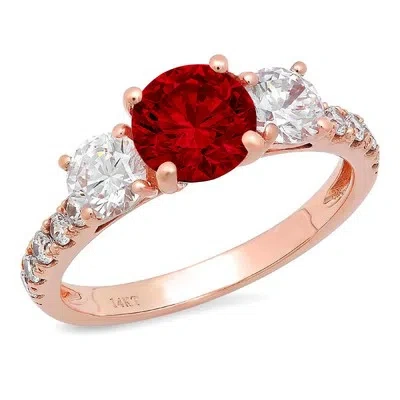 Pre-owned Pucci 2ct Round Cut 3stone Real Red Garnet Classic Bridal Statement Ring 14k Pink Gold