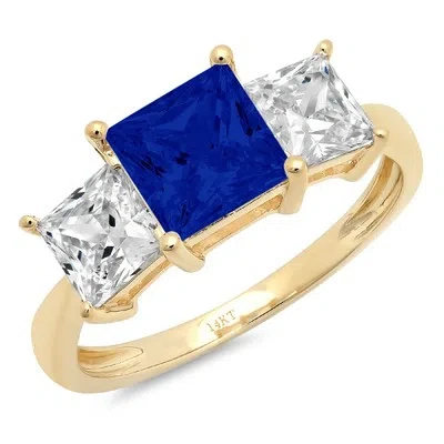 Pre-owned Pucci 3ct Princess 3 Stone Vvs1 Simulated Blue Sapphire Promise Ring 14k Yellow Gold In D