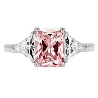 Pre-owned Pucci 3 Emerald Trillion 3 Stone Pink Simulated Promise Wedding Ring 14k White Gold