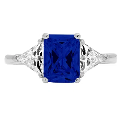 Pre-owned Pucci 3 Emerald Trillion 3 Stone Simulated Blue Sapphire Promise Ring 14k White Gold In D