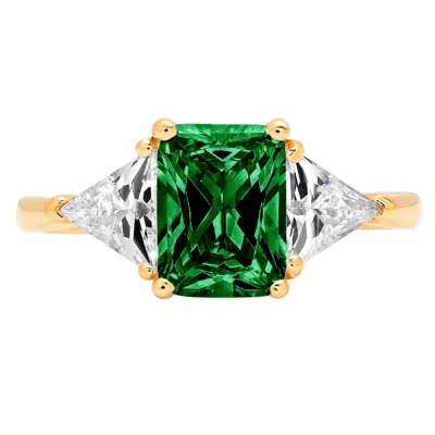 Pre-owned Pucci 3 Emerald Trillion 3 Stone Vvs1 Simulated Emerald Promise Ring 14k Yellow Gold In Green