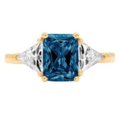 Pre-owned Pucci 3 Emerald Trillion 3stone London Blue Topaz Promise Wedding Ring 14k Yellow Gold In D