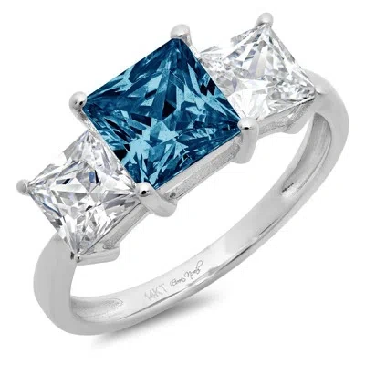 Pre-owned Pucci 3 Princess 3 Stone London Blue Topaz Promise Bridal Wedding Ring 14k White Gold In D