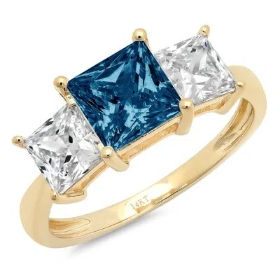 Pre-owned Pucci 3 Princess 3stone London Blue Topaz Promise Bridal Wedding Ring 14k Yellow Gold In D
