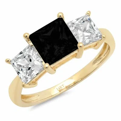 Pre-owned Pucci 3 Princess 3stone Real Onyx Classic Bridal Designer Ring Solid 14k Yellow Gold