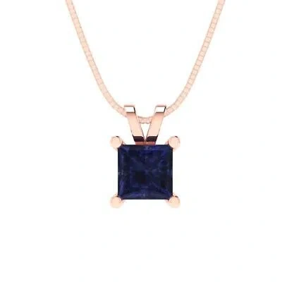 Pre-owned Pucci 3 Princess Cut Simulated Blue Sapphire Pendant Necklace 16" Chain 14k Pink Gold