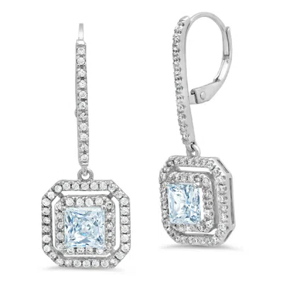 Pre-owned Pucci 3 Princess Round Halo Natural Aquamarine Lever Back Earrings Real 14k White Gold In D
