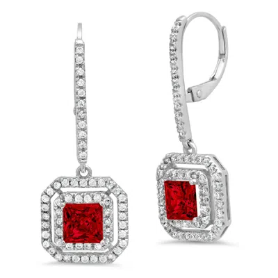 Pre-owned Pucci 3 Princess Round Halo Natural Red Garnet Lever Back Earrings Real 14k White Gold