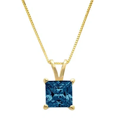 Pre-owned Pucci 3.0 Ct Princess Cut London Blue Topaz Pendant Necklace 18" Chain 14k Yellow Gold In D