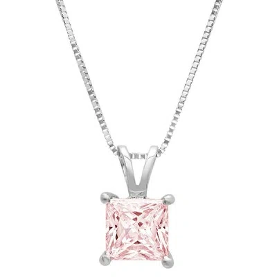 Pre-owned Pucci 3.0 Ct Princess Cut Pink Pendant 16" Chain Real 14k Solid White Gold