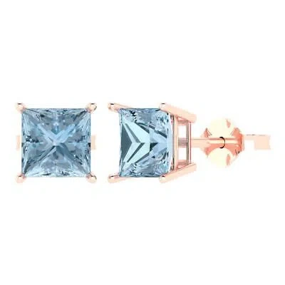 Pre-owned Pucci 3.0 Ct Princess Real Aquamarine Classic Stud Earrings 14k Pink Gold Push Back