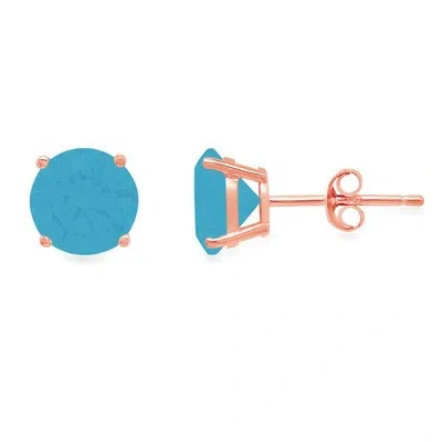 Pre-owned Pucci 3.0 Ct Round Cut Blue Simulated Turquoise Stud Earrings 14k Rose Gold Push Back In Pink