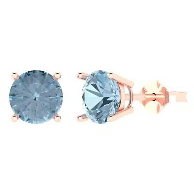 Pre-owned Pucci 3.0 Ct Round Cut Real Aquamarine Classic Stud Earrings 14k Pink Gold Push Back