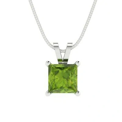 Pre-owned Pucci 3.0 Princess Cut Natural Peridot Pendant Necklace 18" Chain Solid 14k White Gold