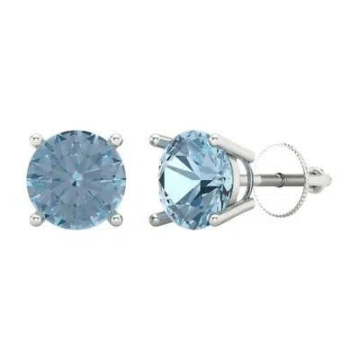 Pre-owned Pucci 3.0 Round Cut Solitaire Classic Stud Natural Aquamarine Earrings 14k White Gold