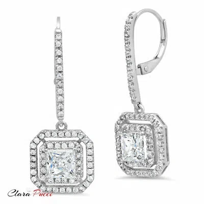Pre-owned Pucci 3.10ct Princess Cut Solitaire Halo Drop Dangle Leverback Earrings 14k White Gold