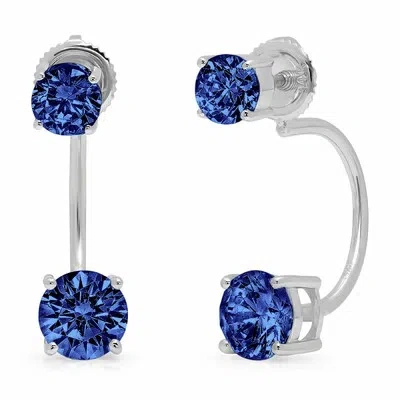 Pre-owned Pucci 3.2 Ct Dual Drop 2 Stone Round Simulated Tanzanite Stone Earrings 14k White Gold