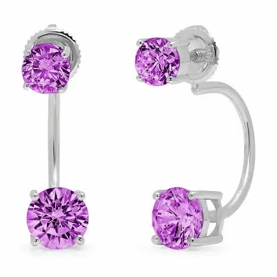Pre-owned Pucci 3.2 Dual Drop 2 Stone Round Simulated Alexandrite Earrings Solid 14k White Gold In Purple