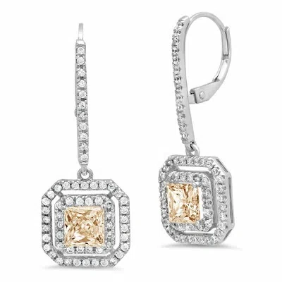 Pre-owned Pucci 3.2 Princess Round Halo Yellow Synthetic Moissanite Drop Earrings 14k White Gold