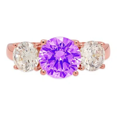 Pre-owned Pucci 3.25 Ct Round 3 Stone Natural Amethyst Promise Bridal Wedding Ring 14k Rose Gold In Purple
