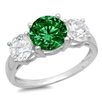 Pre-owned Pucci 3.25ct Round 3 Stone Simulated Emerald Stone Promise Wedding Ring 14k White Gold In Green