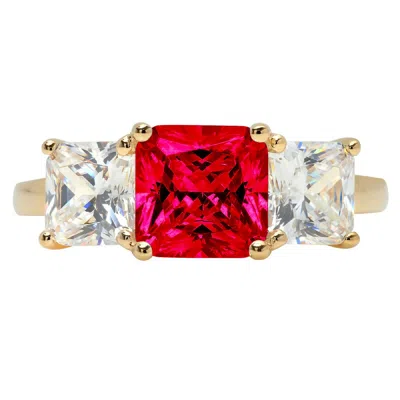 Pre-owned Pucci 3.25 Emerald 3 Stone Simulated Ruby Promise Bridal Wedding Ring 14k Yellow Gold In Red