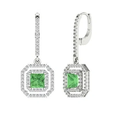 Pre-owned Pucci 3.27 Princess Round Classic Drop Dangle Green Cz Earrings Solid 14k White Gold