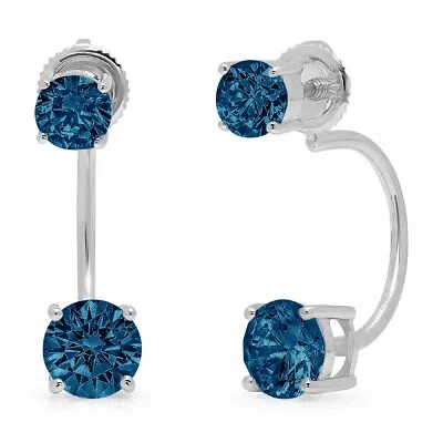 Pre-owned Pucci 3.2ct Dual Drop 2 Stone Round Natural London Blue Topaz Earrings 14k White Gold