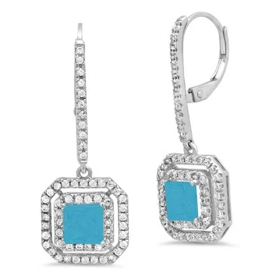 Pre-owned Pucci 3.2ct Princess Round Hal Turquoise Simulated Lever Back Earrings 14k White Gold In D