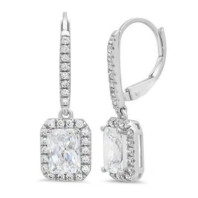 Pre-owned Pucci 3.37ct Simulated Diamond Emerald Halo Lever Back Drop Earrings 14k White Gold