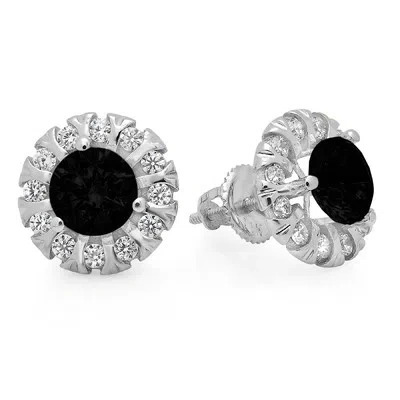 Pre-owned Pucci 3.4 Round Cut Halo Natural Onyx Designer Stud Earrings Real Solid 14k White Gold