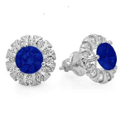 Pre-owned Pucci 3.4 Round Cut Halo Simulated Blue Sapphire Designer Stud Earrings 14k White Gold