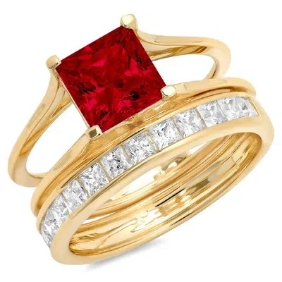Pre-owned Pucci 3.40 Princess Real Red Garnet Wedding Statement Ring Set Sliding 14k Yellow Gold