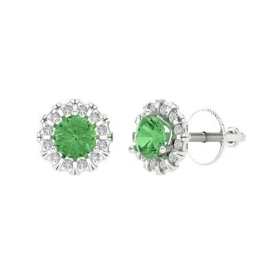 Pre-owned Pucci 3.45 Ct Round Cut Cz Halo Classic Designer Stud Green Earrings 14k White Gold