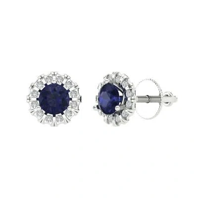 Pre-owned Pucci 3.45 Ct Round Halo Classic Stud Simulated Blue Sapphire Earrings 14k White Gold