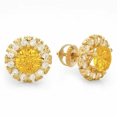 Pre-owned Pucci 3.45 Rd Cut Halo Classic Designer Stud Natural Citrine Earrings 14k Yellow Gold