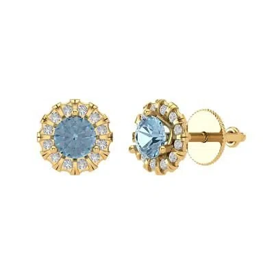 Pre-owned Pucci 3.45 Rd Cut Halo Classic Designer Stud Sky Blue Topaz Earrings 14k Yellow Gold