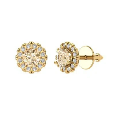 Pre-owned Pucci 3.45 Rd Halo Classic Designer Stud Natural Morganite Earrings 14k Yellow Gold