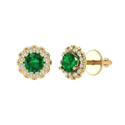 Pre-owned Pucci 3.45 Rd Halo Classic Designer Stud Simulated Emerald Earrings 14k Yellow Gold