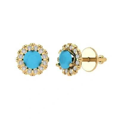 Pre-owned Pucci 3.45 Rd Halo Classic Designer Stud Simulated Turquoise Earrings 14k Yellow Gold