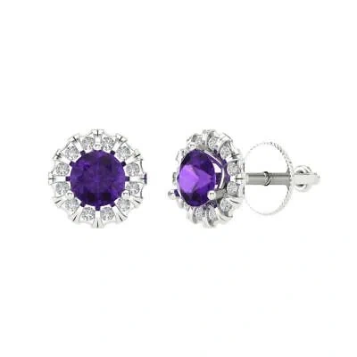 Pre-owned Pucci 3.45ct Round Cut Vvs1 Halo Classic Stud Natural Amethyst Earrings 14k White Gold