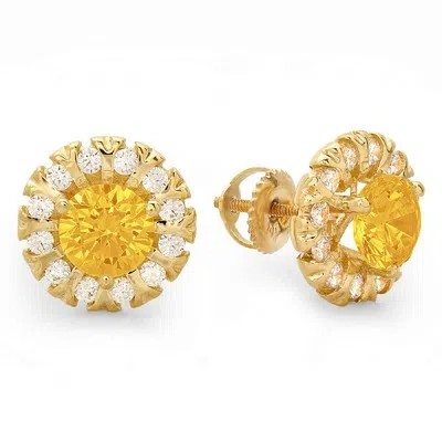 Pre-owned Pucci 3.45ct Round Halo Natural Citrine Designer Stud Earrings Real 14k Yellow Gold