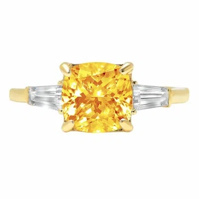 Pre-owned Pucci 3 Ct Cushion 3 Stone Real Citrine Modern Statement Ring Solid 14k Yellow Gold