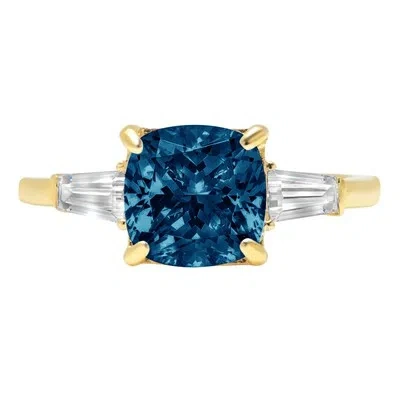 Pre-owned Pucci 3.5 Cushion 3stone London Blue Topaz Promise Bridal Wedding Ring 14k Yellow Gold In D