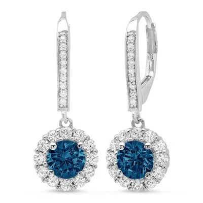 Pre-owned Pucci 3.5 Round Cut Halo Natural London Blue Topaz Drop Dangle Earrings 14k White Gold